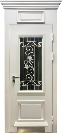 Белая термодверь с карнизом, отделка МДФ, остекление и решетка