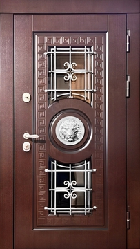 Остекленная термодверь с ковкой и чеканным декором "Лев"