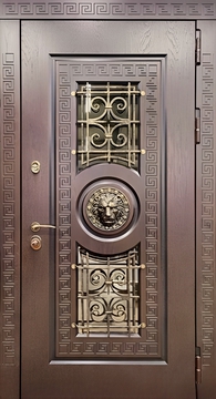 Термодверь со стеклом и решеткой и декором "Лев"  под бронзу