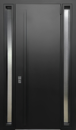 Утепленная дверь с остекленными боковыми вставками и бугельной ручкой Утепленная дверь с остекленными боковыми вставками и бугельной ручкой