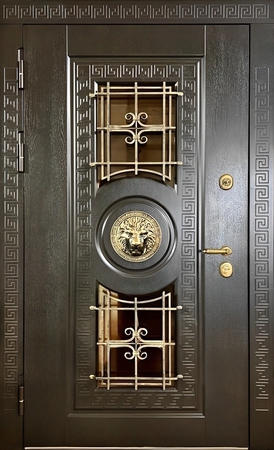 Термодверь МДФ со стеклопакетом и решеткой и декором «Лев» под золото Термодверь МДФ со стеклопакетом и решеткой и декором «Лев» под золото