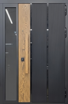 Металлическая современная термодверь с боковой остекленной вставкой, бугельной ручкой и комбинированными панелями МДФ