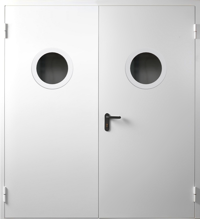 Двупольная противопожарная дверь с круглыми стеклопакетами Двупольная противопожарная дверь с круглыми стеклопакетами