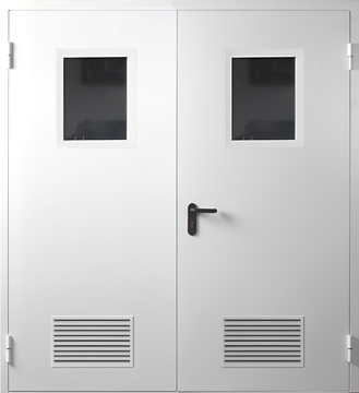 Двупольная противопожарная дверь с остеклением и вентиляционными решетками