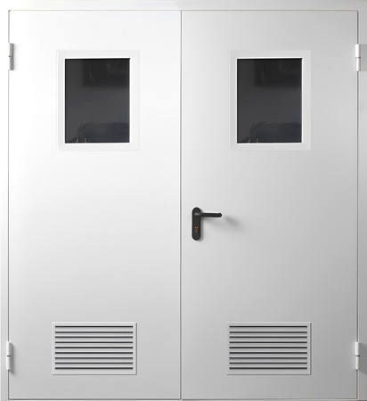 Двупольная противопожарная дверь с остеклением и вентиляционными решетками Двупольная противопожарная дверь с остеклением и вентиляционными решетками