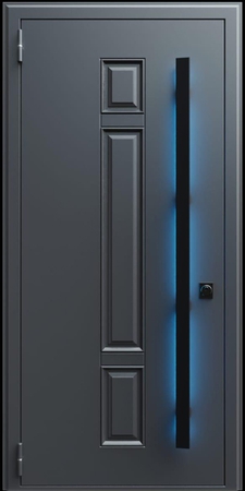 Входная термодверь с металлофиленкой, длинной ручкой с подсветкой и порошковым покрытием RAL 7021 (тип №2) Входная термодверь с металлофиленкой, длинной ручкой с подсветкой и порошковым покрытием RAL 7021 (тип №2)